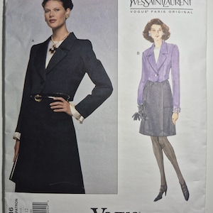 May include: Vogue Patterns sewing pattern featuring Yves Saint Laurent designs. The pattern includes illustrations of a dark gray jacket and skirt ensemble, and a lilac jacket and skirt outfit. The pattern number is 1616, with sizes 8-10-12.