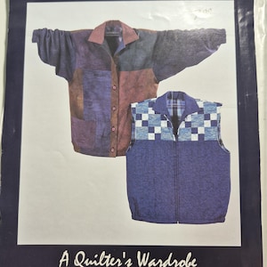 May include: A sewing pattern envelope titled Patchwork Bomber Jacket and Vest by Anne Colvin, featuring illustrations of a button-front jacket with purple and brown patchwork panels and a blue zippered vest with a white and blue checkered yoke.