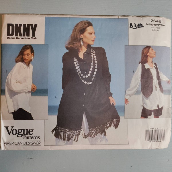 Vogue 2648 DKNY Donna Karan New York loose fitting button shirt and vest, sizes 6,8,10 uncut and factory folded