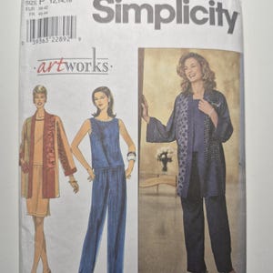 May include: Simplicity sewing pattern featuring three women's fashion designs. The pattern includes a jacket and dress, a jumpsuit, and a long jacket with pants. The pattern size is P 12, 14, 16.