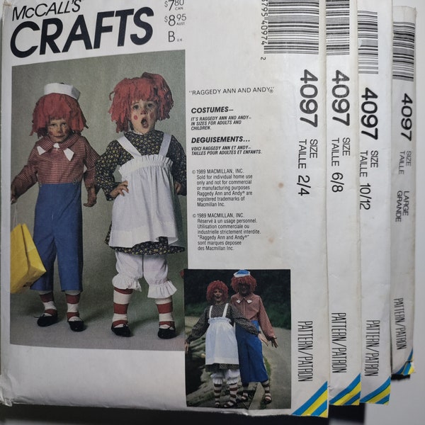 McCall's 4097 Raggedy Ann and Andy costume in kids or adult sizes, pick your size, all uncut and factory folded. Please see description