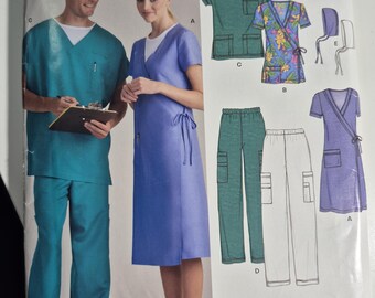 New Look 6634 unisex scrub top/tunic or dress, pants and cap, sizes xs,X,M,L,Xl, uncut and factory folded, see description and photos c.2006