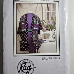 May include: A sewing pattern for a "Flashy Patches Jacket" is displayed on a white background. The jacket is a patchwork design with various patterns and colors. The image includes a sewing machine and the text "interesting clothing to sew."