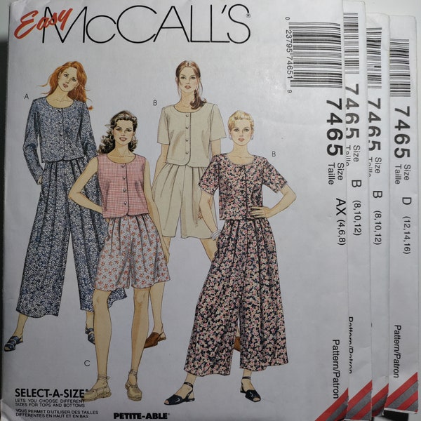 McCall's 7465 Top, split skirt pants and shorts, pick your size, all uncut and factory folded, please read description for details