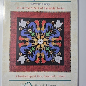 May include: A quilt pattern titled "Rowdy Roosters" featuring a central design of stylized roosters in blue, red, and yellow, surrounded by white chickens and floral elements on a black background. The pattern is part of the "Circle of Friends Series."