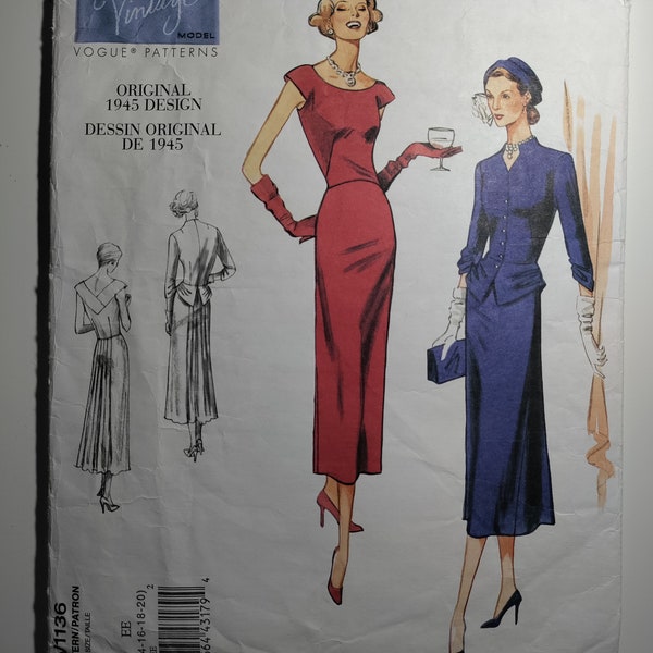 Vogue V1136 reproduction 1945 semi fitted jacket with 3/4 sleeves and dress, sizes 14,16,18,20, uncut and FF, see description, C.2009