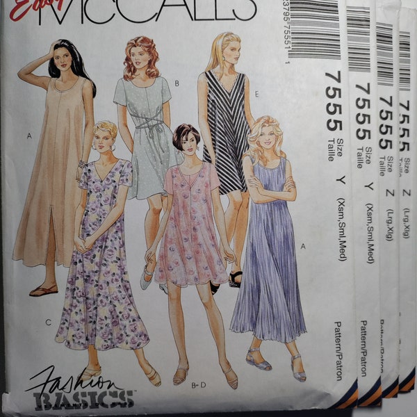 McCall's 7555 pullover swing type dress in 2 lengths with optional code ties, pick your size, all uncut and factory folded, please see photo