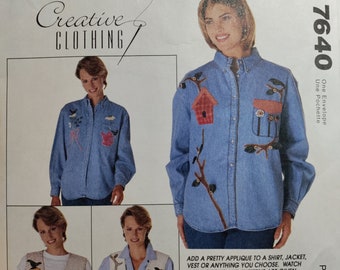 May include: A sewing pattern for a shirt, jacket, or vest with applique designs. The pattern includes two motifs: a garden and a bird. The pattern is by Amy Martin.