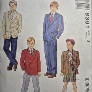 May include: McCall's sewing pattern featuring illustrations of boys' suits and blazers. The pattern includes a variety of styles, including a double-breasted red blazer, a blue suit, and a brown blazer with plaid shorts. Size 3.