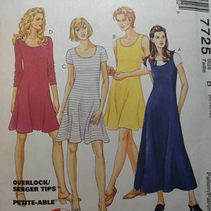 May include: A sewing pattern for a one-hour dress. The pattern shows four different styles of dresses: a red dress, a striped dress, a yellow dress, and a blue dress. The pattern is called "McCall's 7725".