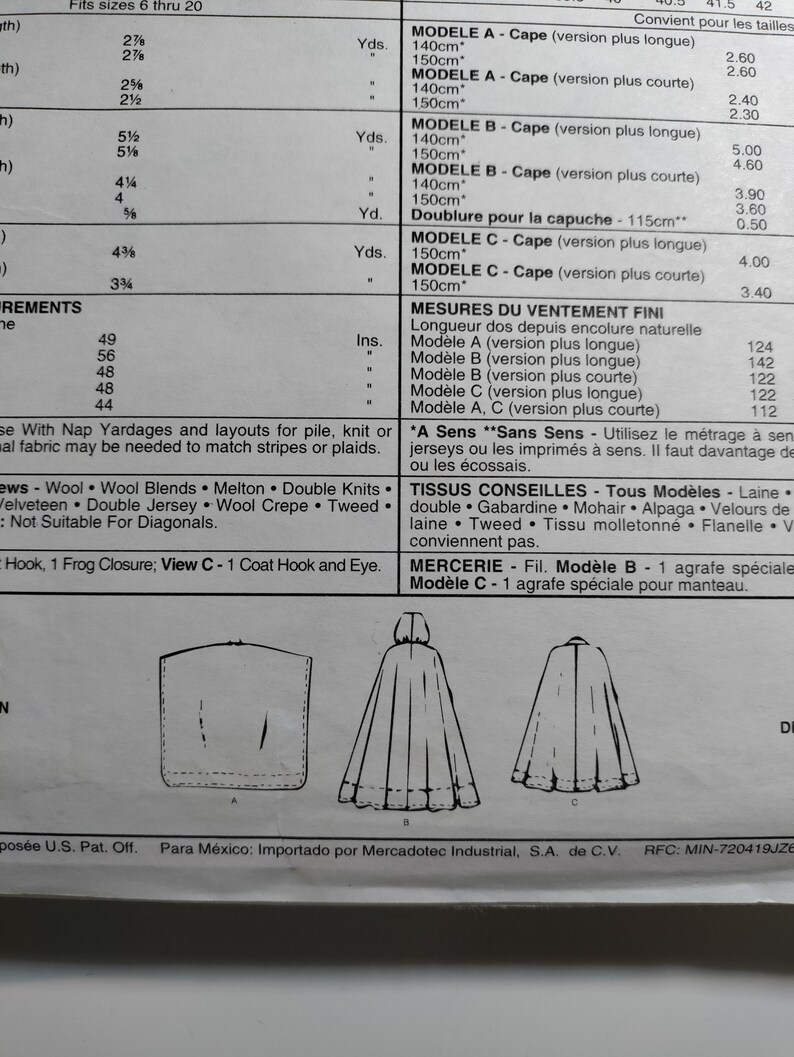 Mccall's 6774 Unlined Cape Variations, One Envelope Has All Sizes ...
