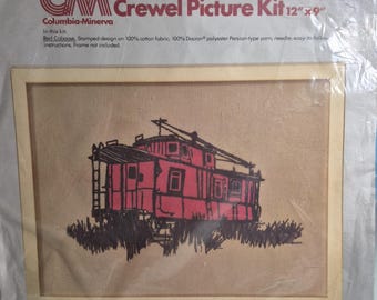 Crewel Minerva Red Caboose Crewel Picture Kit, 12"x9", unopened and unused, see description and photos C.1977