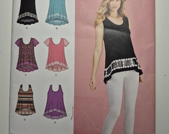 Simplicity 1113 knit tops with fabric and trim variations, sizes Xxs-Xxl, uncut and factory folded, see description and photos C.2015