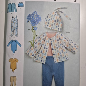 May include: Simplicity sewing pattern for baby clothes. The pattern includes a jacket, hat, jumpsuit, bodysuit, and pants. The jacket and hat have a floral print. The jumpsuit has a floral print. The bodysuit is blue, and the pants are striped.