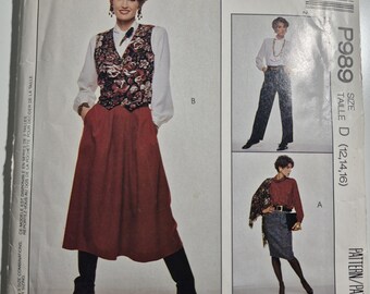 McCall's P989 womens day skirts and pants, sizes 12,14,16, uncut and factory folded, see description and photos C.1989