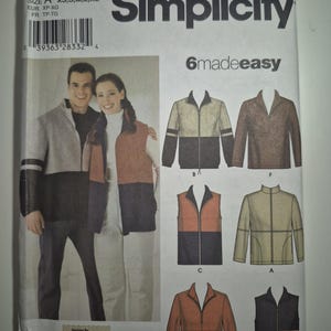 May include: Simplicity sewing pattern 4830. The pattern includes instructions for making jackets and vests. The front of the package shows a couple wearing the garments. The pattern sizes are XS, S, M, L, and XL.