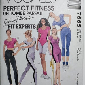 May include: A sewing pattern for a women's leotard with a variety of color options. The pattern is called "Perfect Fitness" and is from McCall's. The pattern is for sizes 20 and 22, and is labeled as "Ex-Large".
