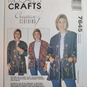 May include: A sewing pattern for a loose-fitting jacket or vest. The pattern is called "Creative Clothing" and is from McCall's Crafts. The pattern number is 7645. The pattern is for sizes 8 through 26. The pattern is designed by Mary Cardin.