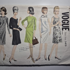 May include: Vintage Vogue Basic Dress pattern 1415. The illustration features five women in different dresses. The dresses include a patterned dress, a black dress, a green dress, a white dress, and a floral print dress. The Vogue logo is visible.