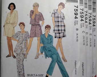 McCall's 7594 shirt in 2 lengths, pull on pants and shorts, pick your size, all uncut and factory folded, please see description