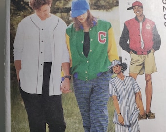 May include: A sewing pattern featuring three people wearing casual clothing. The pattern includes a white baseball jersey, a green and yellow varsity jacket, and a striped baseball shirt. The pattern is titled "McCall's" and includes the text "Learn to Sew for Fun".