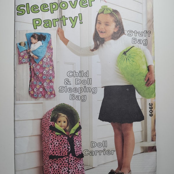 Kwik Sew 3909 Sleepover party stuff bag, child and doll sleeping bag, doll carrier unopened uncut and factory folded see description. C.2011