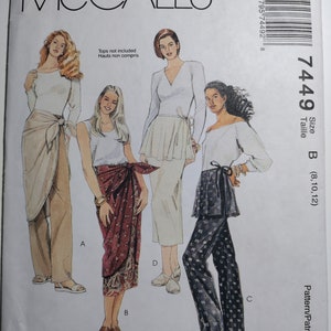 May include: A sewing pattern for three different styles of wrap skirts. The pattern is for sizes 8, 10, and 12. The pattern is from McCall's and the pattern number is 7449.