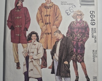 McCall's 5649 mens, womens and teen boys lined duffle coat and detachable hood, size Med 36,38 uncut & factory folded see description C.1991