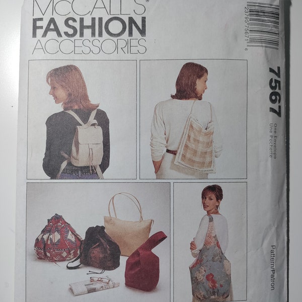 McCall's 7567 "Carry On" assortment of fashion bags, totes and mini backpack, uncut and factory folded, see description and photos, C.1995