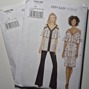 May include: Two sewing pattern envelopes for a Very Easy Vogue pattern. The pattern number is V9238. The first envelope is for sizes 6-8-10-12-14 and the second envelope is for sizes 14-16-18-20-22.