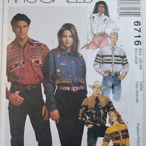 McCall's 6716 men's and women's loose fitting, western front button shirt with cuffs, size Ex Large 42,44, uncut and ff, see description