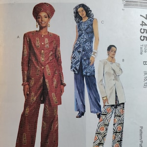 May include: A sewing pattern for a pantsuit with three different styles. The pattern is for sizes 8, 10, and 12. The pattern is called "Easy McCall's 7455".