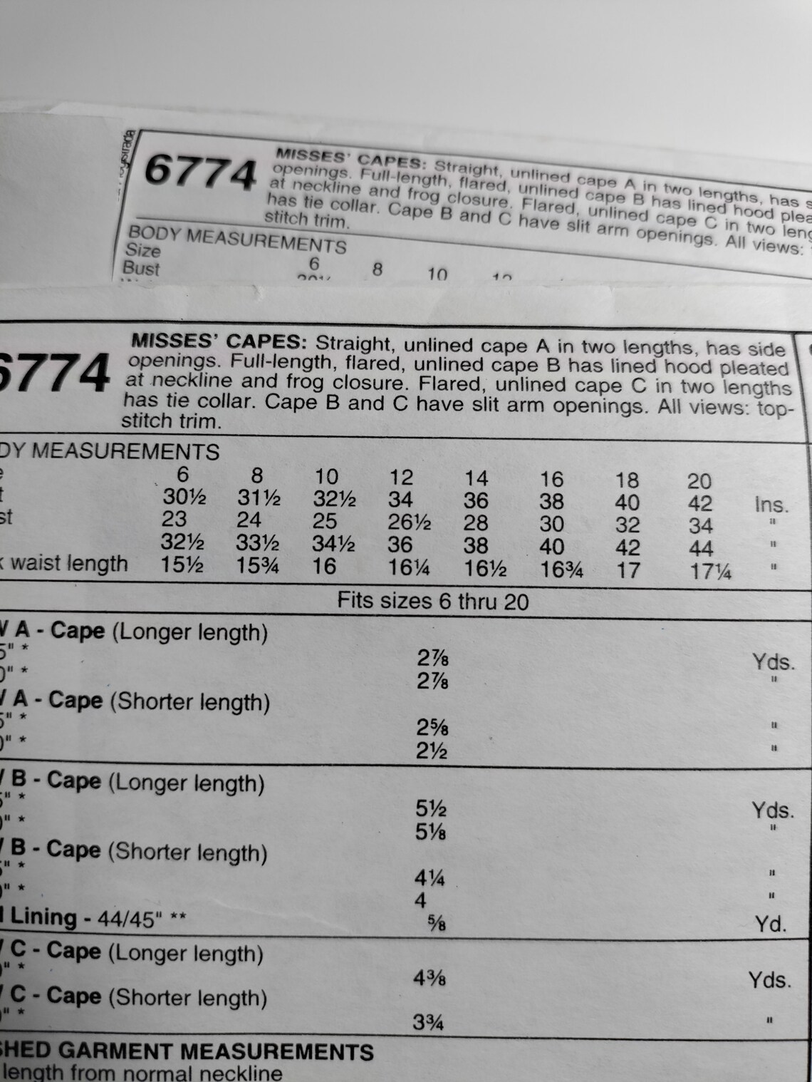 Mccall's 6774 Unlined Cape Variations, One Envelope Has All Sizes ...