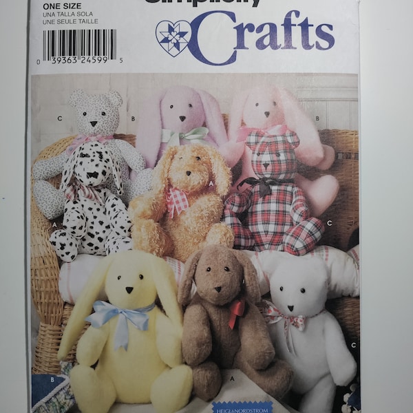 Simplicity Crafts 9524 stuffed animals, dog, rabbit and bear by Heigl & Nordstrom Designs, uncut and FF, see description and photos, C.2000