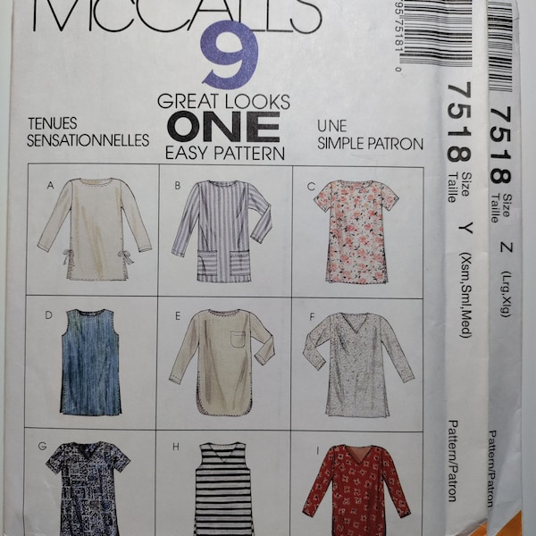Mccall's 7518 Pullover Tunic variations, pick your size, all uncut and factory folded, please see description