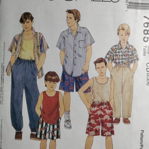 May include: A sewing pattern for boys' clothing, featuring five different outfits. The pattern includes a striped shirt, a plaid shirt, a tank top, and three different styles of shorts. The pattern number is 7685 and the size is CD (2, 3, 4).