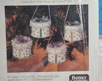 Mini Cross Stitch band boxes,kit is for set of 4, design by Bucilla, unopened and unused, see description and photos C.1989