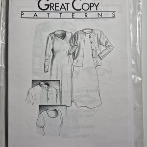 May include: A white paper pattern for a silhouette dress and cardigan. The pattern features illustrations of the dress and cardigan, along with smaller diagrams. The text "GREAT COPY PATTERNS" is at the top, with "#1270" visible.