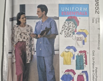 McCall's 9652 Uniform Essentials, unisex  scrub pants, cardigan or vest, shirts, sizes S,M,L, uncut & factory folded, see description c.1998