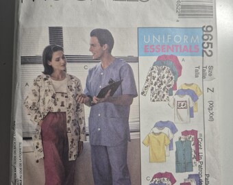 McCall's 9652 unisex scrubs, cardigan or vest, shirt, tshirt, pull on pants, sizes Xlg,XXL, uncut and factory folded, see description C.1998