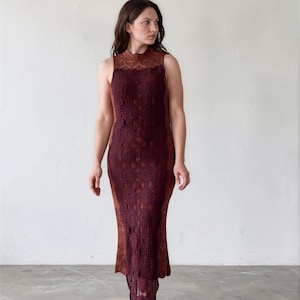 Upcycled crochet applique knit midi body con dress - M
