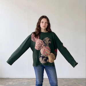 Upcycled patchwork circle hunter green woven sweater -  XL