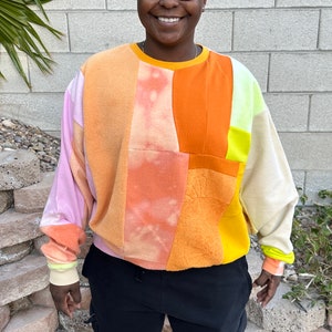 Upcycled patchwork colorblock orange sweatshirt - XL