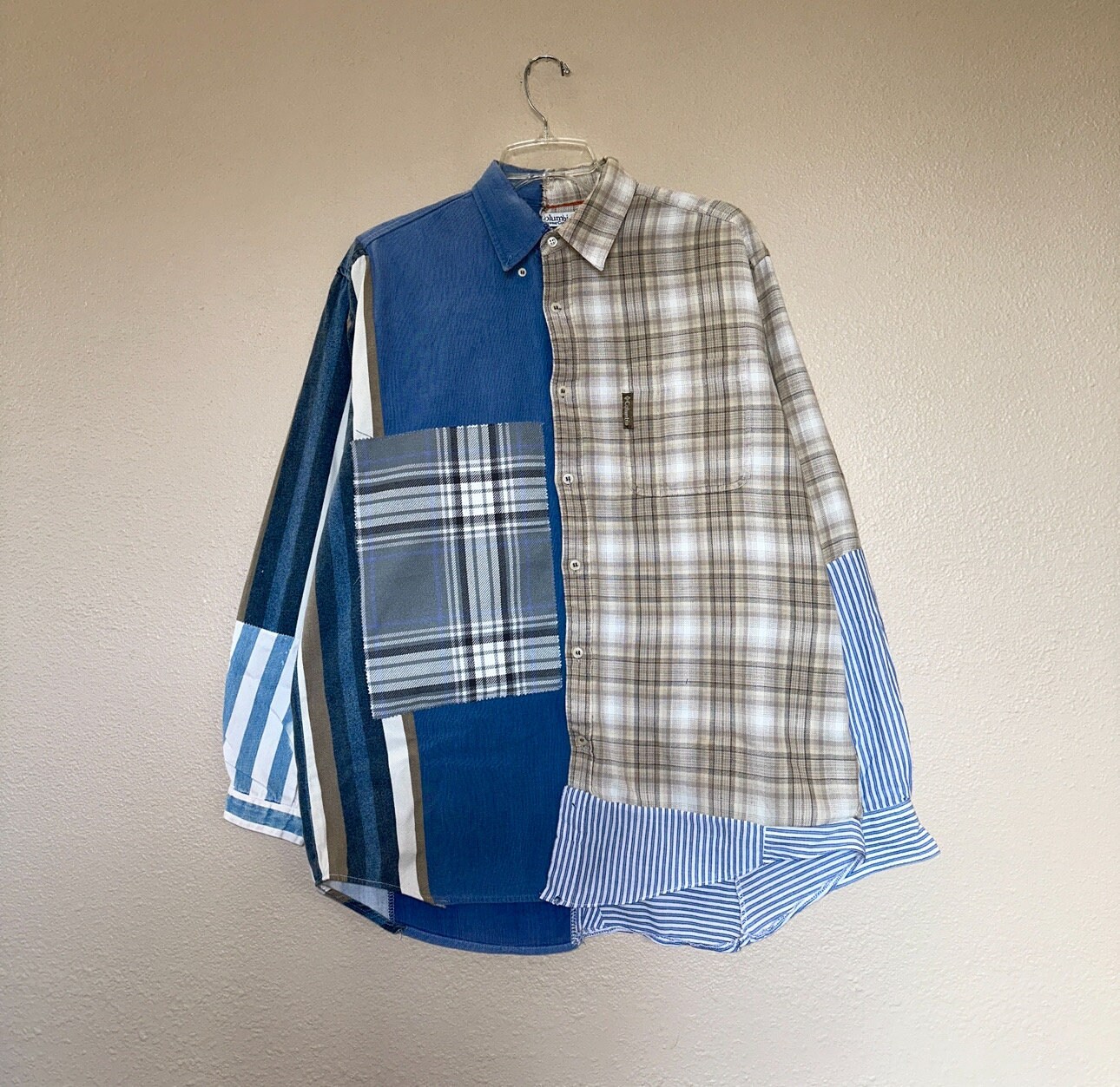 Upcycled Patchwork Striped Button Down Shirt - Plaid Shirt  