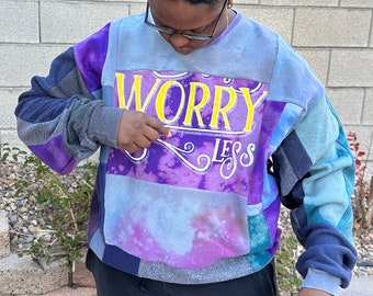 Upcycled patchwork colorblock ‘Worry Less’ sweatshirt - XL