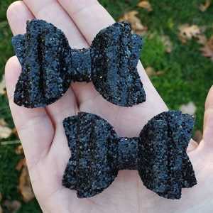 2.5 inch black faux leather pigtail set, Black glitter ligtail bows, Black pigtail bow set, Toddler hairbows, Toddler girl gift, Baby bows