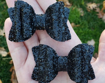 2.5 inch black faux leather pigtail set, Black glitter ligtail bows, Black pigtail bow set, Toddler hairbows, Toddler girl gift, Baby bows