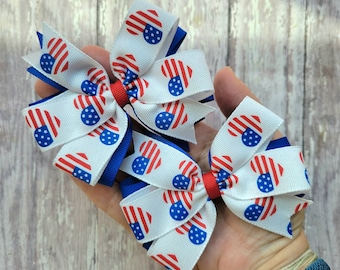 Red white and blue pigtail bows, 4th of July hairbows, Patriotic pigtail bow set, Toddler hair bows, Toddler girl gift, White hair bows