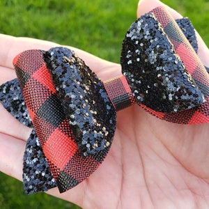 Red and black buffalo plaid hairbow, Black and white Buffalo plaid hairbow, Plaid hairbow, Faux leather bow, Glitter hairbow, Toddler bow image 3