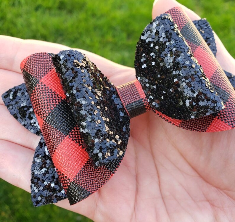 Red and black buffalo plaid hairbow, Black and white Buffalo plaid hairbow, Plaid hairbow, Faux leather bow, Glitter hairbow, Toddler bow image 3
